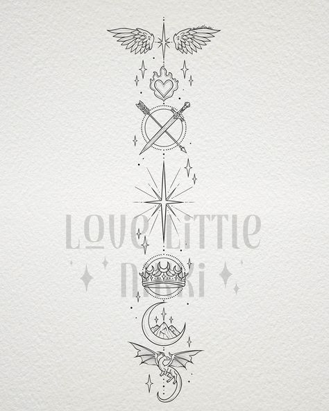 This design spans multiple series and stories, can you guess which ones are represented? 🗡️📖 Design number 1 of 2 for the lovely Brooklyn! Thank you so much for your support! #tattoodesign #acotar #fourthwing #throneofglass Tog Acotar Cc Tattoo, Bryce Tattoo Crescent City, Elven Tattoo Design, Bookish Doodles, Sjm Tattoos, Crescent City Tattoo, Elven Tattoo, Pearl Jam Tattoo, Book Shop Ideas