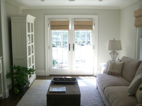 Shades On French Doors, French Door Coverings, French Doors Living Room, French Door Window Treatments, Living Room Sliding Doors, Blinds For French Doors, Boston Living Room, Sliding Glass Door Window, Pintu Interior