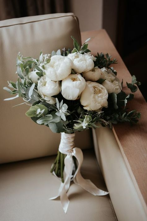 an elegant white peony and greenery wedding bouquet is perfect for a neutral wedding in any season Bridal Bouquet, Ribbon, Flowers, White