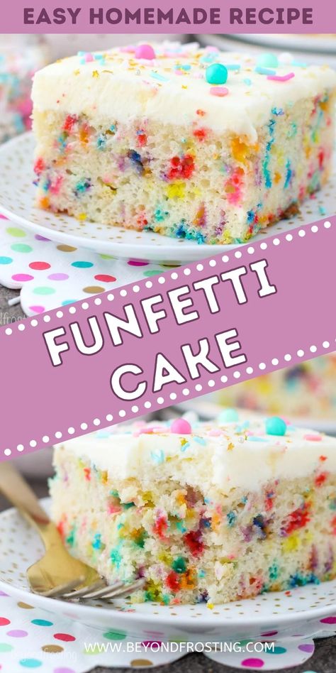 This Homemade Funfetti Cake takes just 20 minutes to prep. It's moist, dense, spongy, packed full of vanilla flavor and sprinkles, and topped off with light and creamy homemade vanilla buttercream frosting! Vanilla Funfetti Cake, Homemade Confetti Cake Recipes, Funfetti Homemade Cake, Best Homemade Funfetti Cake, Single Layer Funfetti Cake, How To Make Funfetti Cake, Filling For Funfetti Cake, Moist Confetti Cake Recipe, Confetti Cake Recipe Homemade