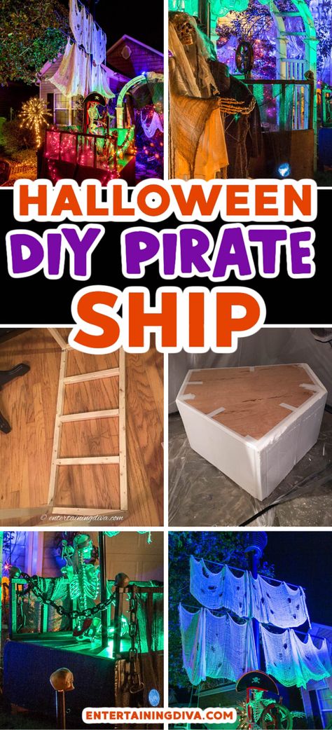 Halloween DIY Pirate Ship | Pirates Party Pirate Ship House Halloween, Haunted Pirate Ship Decorations, Pirate Theme Halloween Yard, Diy Halloween Pirate Ship, Pirate Ship Prop, Pirate Decorations Diy, Pirate Ship Halloween, Diy Pirate Ship, Pirate Ships Diy