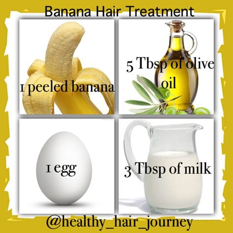 You’ll need: 1 banana (peeled), 1 egg, 3 tablespoons milk, 5 tablespoons olive oil (Be sure to apply to freshly shampooed hair).Mix all the ingredients in a blender. Apply the mixture to your hair- from root to end. Let soak into your hair for about 15- 30 minutes. Rinse out with shampoo/conditioner and style as usual. Hair Mask For Dandruff, Banana For Hair, Homemade Hair Products, Healthy Hair Journey, Super Hair, Hair Remedies, Hair Food, Natural Hair Tips, Deep Conditioning