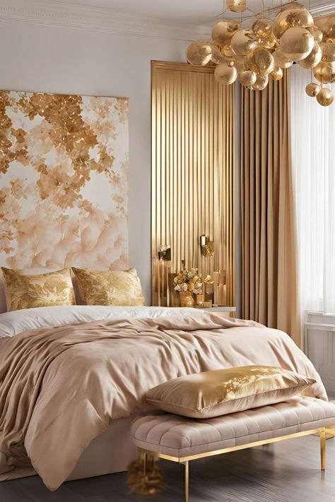 Cream And Gold Bedroom, Gold Bedroom Ideas, Grey And Gold Bedroom, Blue And Gold Bedroom, Monochrome Room, Rose Gold Bedroom, Gold Bedroom Decor, Esthetician Room Decor, White Bedroom Decor