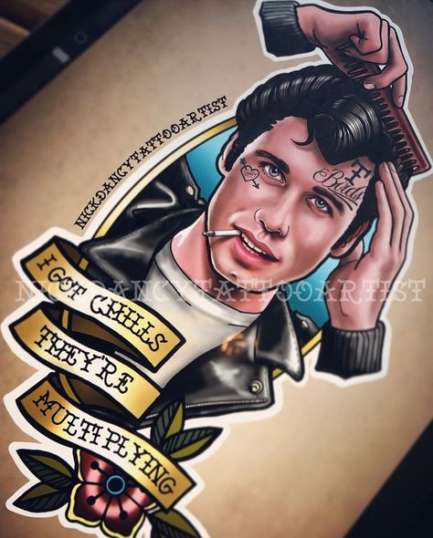 Grease Movie Tattoo, Frenchie Grease, Greaser Tattoo, Grease Tattoo, Movie Tattoo Ideas, Tattoo Ideas Small Simple, Grease Themed Parties, Gentleman Tattoo, Tattoo School