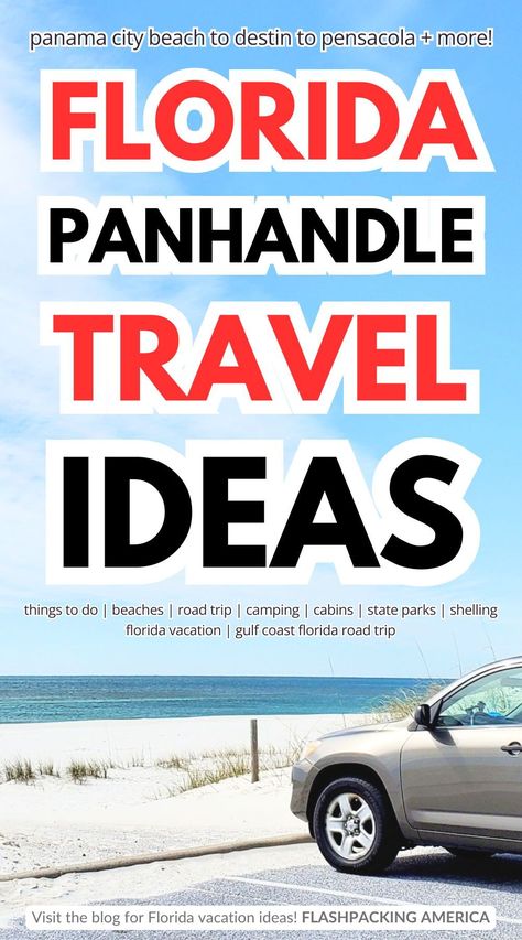 Florida Panhandle things to do. Visit the blog for vacation ideas! florida panhandle road trip. budget travel tips. beaches. destin. panama city beach. pensacola. perdido key. 30A. where to stay. florida beach towns. vacation rentals. hidden gems. places to stay. florida vacation. florida aesthetic. gulf coast. itinerary. places to travel. in the us. camping. campgrounds. east coast trip. southeast us. cheap family vacation. fun with kids. families. couples. solo. travel destinations. america. Panama City Beach Florida Things To Do, Florida Caverns State Park, Grayton Beach State Park, Cheap Family Vacations, Beach Road Trip, Florida Aesthetic, Road Trip Camping, Florida Panhandle, Perdido Key