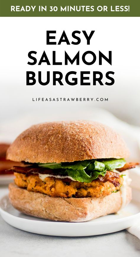 Simple Salmon Burgers with Bacon and Arugula | These easy (and sustainable!) homemade salmon patties make rich, flavorful burgers that the whole family will love. Build your salmon burger as directed or use the salmon cakes as a standalone dish for a healthy low-carb option! Patties made with easy canned salmon, topped with crispy bacon, fresh arugula, and a tasty Poblano Ranch sauce. Ready in under an hour and great baked or grilled. Costco Salmon Burgers, Salmon Burgers With Canned Salmon, Salmon Burger Recipes, Easy Salmon Burgers, Salmon Burger Sauce, Homemade Salmon Patties, Costco Salmon, Oven Burgers, Fish Patties