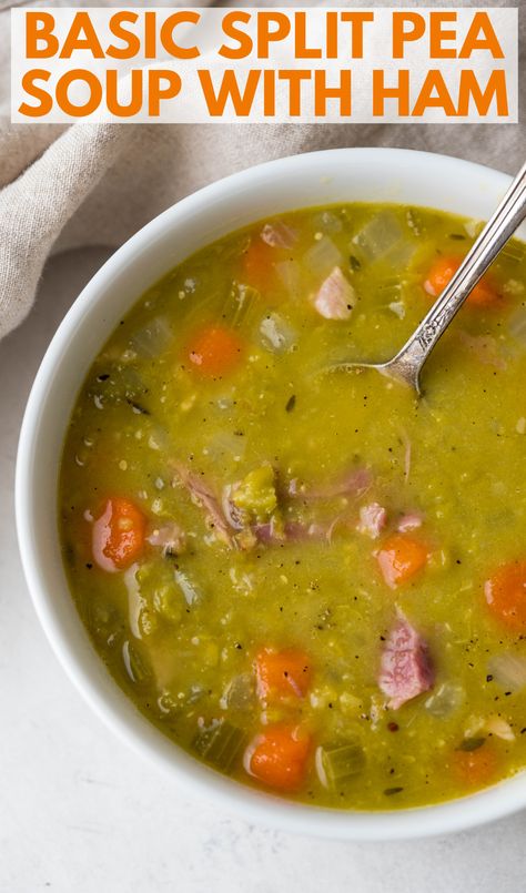 a bowl of split pea soup with ham. Ham Bone Split Pea Soup, Knitting Ring, Split Pea Soup With Ham, Pea Soup With Ham, Ham Soup Recipes, Ham Bone Soup, Soup With Ham, Split Pea Soup Recipe, Pea And Ham Soup