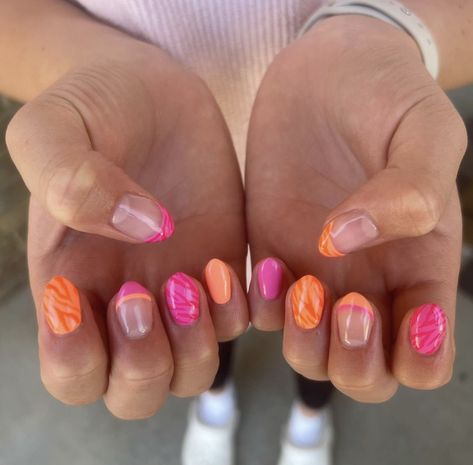 Preppy Pink And Orange Nails, Cute Nail Inspired Almond, Summer Bright Nail Designs, Get X Nails, Zach Bryan Nails Design, Nail Inspo Bright Colors, Easy Short Summer Nails, Cruise Nail Ideas Bahamas, Simple Beach Nail Designs