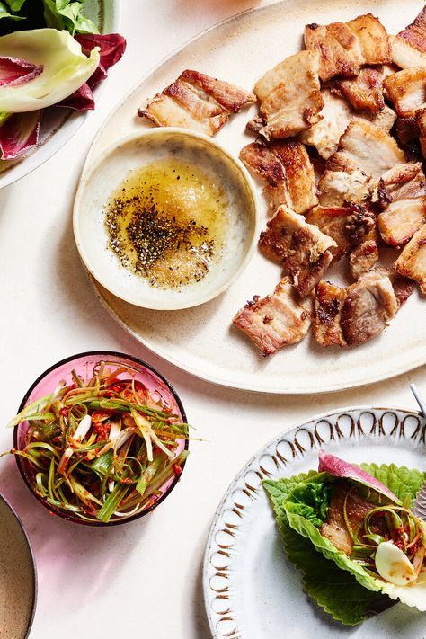 Samgyeopsal Recipe, Budae Jjigae, Quick Kimchi, Sweet Corn Pudding, Pan Seared Pork Chops, Fried Pork Belly, Creamy Broccoli Soup, Seared Pork Chops, Creamy Asparagus