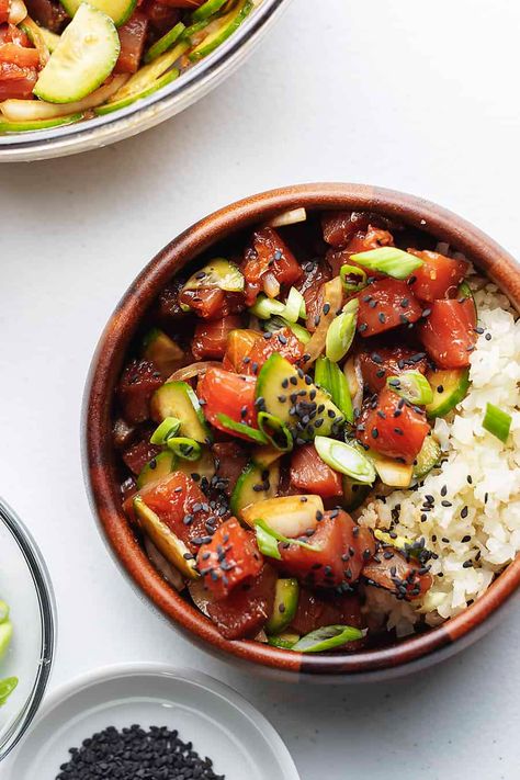 DIY Ahi Poke Bowl • Low Carb with Jennifer Tuna Bowl Poke, Keto Poke Bowl, Ahi Poke Bowl, Tuna Poke Bowl Recipe, Tuna Bowl, Crockpot Pork Loin, Keto Pork Chops, Tuna Poke Bowl, Poke Bowl Recipe