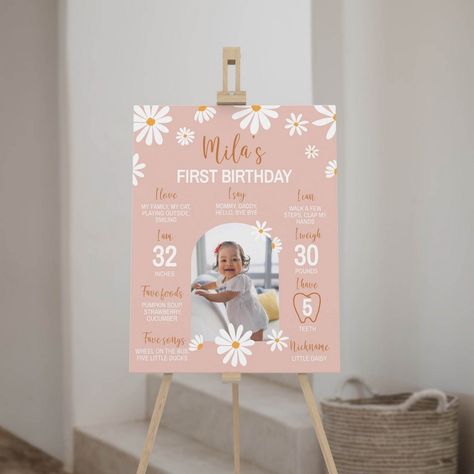 Milestone Markers: First Birthday Milestone Sign Suggestions Floral 1st Birthday Party Decoration, Daisy First Birthday Decor, Daisy First Birthday Theme Centerpieces, First Birthday Signs, Daisy Flower Birthday Party Ideas, One Year Milestone Board, Daisy Party Theme 1st Birthdays, First Birthday Daisy Theme, Flower First Birthday Party