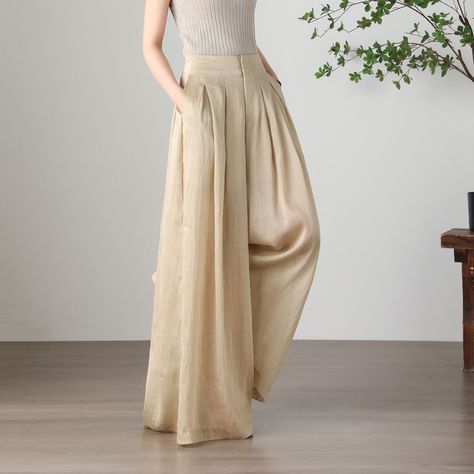 "Cool and comfortable for hot summer days, this apricot wide leg pants is elegant and stylish.    It is a wonderful wardrobe staple that's a timeless classic you'll wear again and again.  All our items are Tailored and Handmade and Made to Order ,I can make Any Size . I design new styles every week, please collect my store. I believe that you will meet your favorite styles. ★★FEATURES Tencel flax Has lining Two side pockets Front zipper closure Wide leg pants Apricot pants Casual pants Long pant Cool Pants Design, Stylish Pants Design, Oversized Linen Pants, A Line Pants, Wide Leg Linen Pants Outfit, Linen Pants Plus Size, Pantalon Thai, Flax Pants, Loose Linen Pants