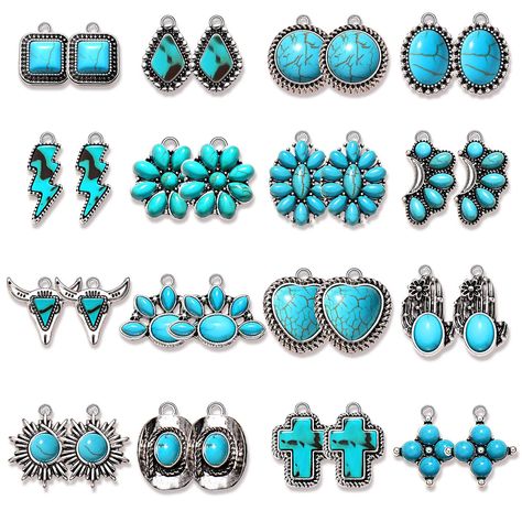 PRICES MAY VARY. ღ Western Charms Bulk: You will receive 32pcs vintage Western pendant charms in 16 different styles, including cactus charms, heart charm, lightning pendants, rhombus charms, flower charms, cowboy boot pendants, cow head charms and so on. Sufficient quantity and special design are enough to meet your various jewelry DIY needs ღ Premium Quality & Size: Our Western Jewelry Making Charms made of premium quality synthetic turquoise and alloy, each pendant is made with carefully and Western Turquoise Earrings, Western Jewelry Earrings, Turquoise Jewelry Western, Lightning Pendant, Vintage Cactus, Turquoise Charm, Western Accessories, Unique Jewelry Gifts, Jewelry Making Kit