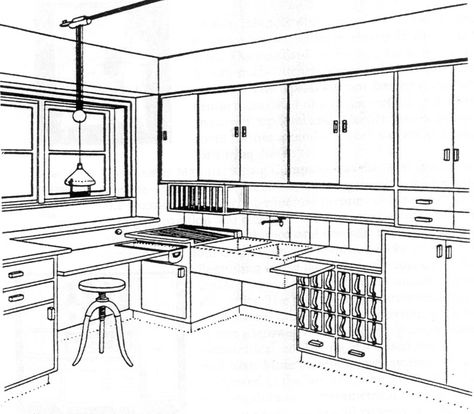 Frankfurt Kitchen by Margarete Schütte-Lihotzky Kitchen Design Drawing, Frankfurt Kitchen, Kitchen Workshop, Architecture Kitchen, 20th Century Architecture, Buffet Hutch, Vintage Kitchens, Mid Century Architecture, Kitchen Island Ideas