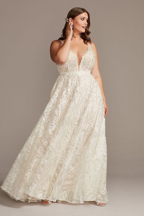 Crystal Bead Double Strap Plus Size Wedding Dress | David's Bridal Wedding Dresses Ball Gown With Sleeves, Davids Bridal Plus Size, Polynesian Wedding, Kim Wedding, Beaded Corset, Vowel Renewal, Wedding Burgundy, Plus Wedding Dresses, Wedding Dress Style