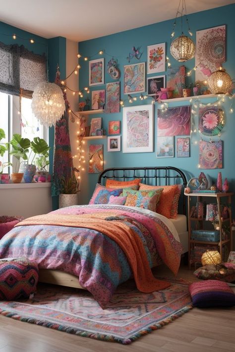 Vibrant boho bedroom with mismatched bedding, fairy lights, and eclectic gallery wall. Mismatched Bedding, Bedroom Wall Decor Ideas, Small Couch, Deco Studio, Eclectic Bedroom, Maximalist Decor, Wall Decor Ideas, Bedroom Wall Decor, Dream Room Inspiration