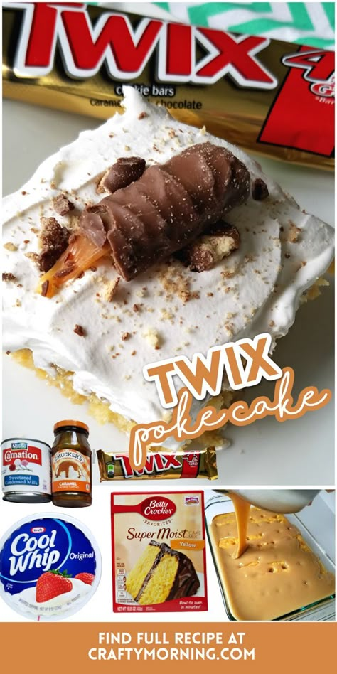 Twix Poke Cake Recipe- easy poke cake to make for summer bbqs, potlucks, parties. Easy chocolate caramel poke cake using box cake mix. Easy dessert to make for a crowd. Chocolate Caramel Poke Cake, Easy Poke Cake, Caramel Poke Cake, Twix Cake, Twix Candy, Munchies Snacks, Poke Cake Recipe, Boxed Cake Mixes Recipes, Cake Mix Desserts