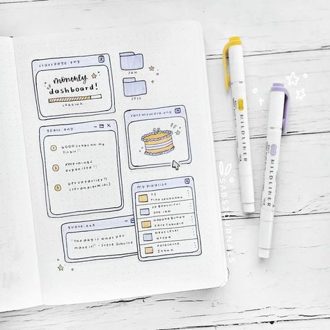 Credit: @tux1824 Monthly Dashboard, Purple Journal, Notebook For School, Journal Cute, Organization Bullet Journal, Bullet Journal Ideas Templates, Undated Daily Planner, Bullet Journal Paper, Women Working