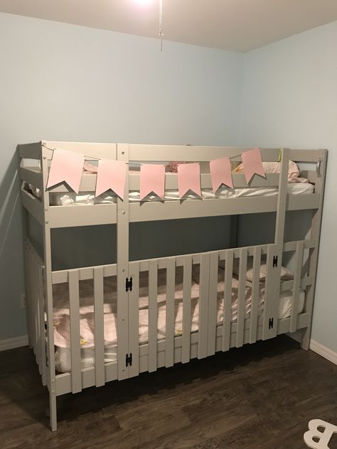 Bunk bed hack- created a crib at the bottom Bunk Bed Shared Room Ideas, Twin Over Crib Bunk Bed, Loft Bed Over Crib, 3 Cribs In One Room Ideas, Bunk Bed Crib Combo, Bed Over Crib, Crib Under Bunk Bed, Bunk Bed With Crib Underneath, Crib Bunk Bed Combo