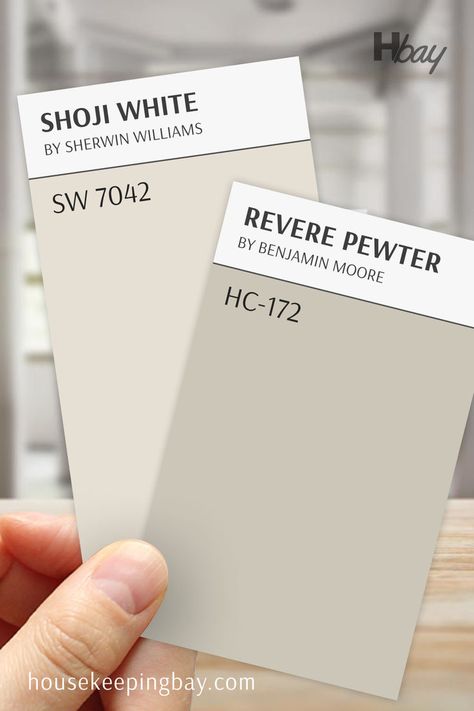 Shoji White SW 7042 vs Revere Pewter HC-172 Revere Pewter 75% Lighter, Revere Pewter Exterior Trim, Accessible Beige Vs Revere Pewter, Revere Pewter And White Dove, Revere Pewter Bedroom, Sherwin Williams Revere Pewter, Pewter Benjamin Moore, Farmhouse Color Scheme, Worldly Gray