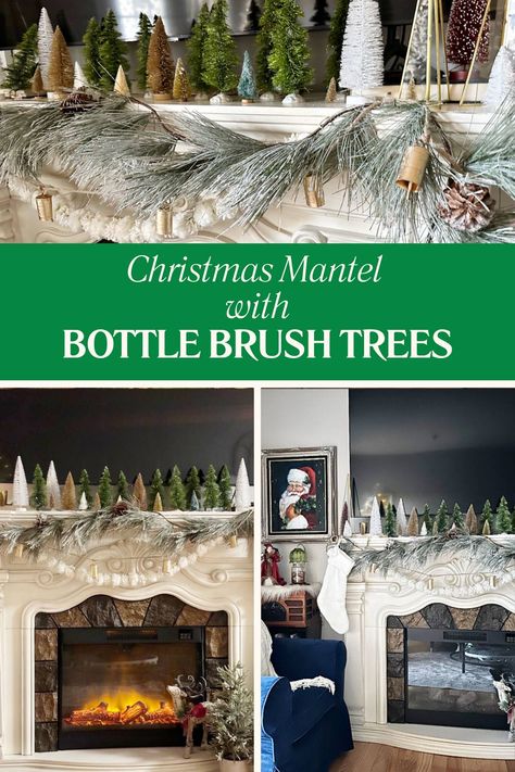 Cozy Christmas Mantel Decor with Bottle Brush Trees Bottle Brush Mantle Decor, Bottle Brush Christmas Trees Display Mantle, Bottle Brush Tree Mantle, Bottle Brush Christmas Trees Mantle, Decorating With Bottle Brush Trees, Bottle Brush Trees Display, Mantle Christmas Decor Ideas, Winter Mantels, Holiday Mantle Decor