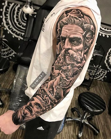 Amazing artist Dode Pras @dodepras_tattoo from @lumina_tattoo_studio awesome Poseidon angel horse renaissance tattoo sleeve! @art_spotlight… Dodepras Tattoo, Greek God Tattoo, Mangas Tattoo, Poseidon Tattoo, Zeus Tattoo, Greek Mythology Tattoos, Men Tattoos Arm Sleeve, Men Tattoos, Forearm Tattoo Design