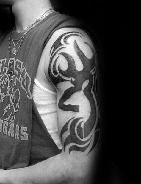 15+ Tribal Deer Tattoo Designs and Ideas | PetPress Country Tattoos For Men Forearm, Baby Deer Tattoo, Bow Hunting Tattoos, Camo Tattoo, Jason Tattoo, Deer Tattoo Designs, Hunting Ideas, Bow Tattoo Designs, Hunter Tattoo