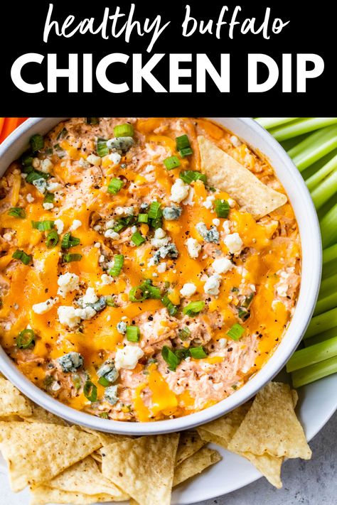 This Healthy Buffalo Chicken Dip is a lightened-up version of your favorite game-day snack. Made with shredded chicken, Greek yogurt, and cottage cheese, it has much more protein and a fraction of the fat and calories! Healthy Buffalo Chicken Dip Recipes, Healthy Buffalo Chicken Dip, Healthy Dip Recipes, Buffalo Chicken Dip Easy, Boiled Chicken Breast, Chicken Dip Recipe, Buffalo Chicken Dip Recipe, Seared Chicken Breast, Easy Chicken Breast