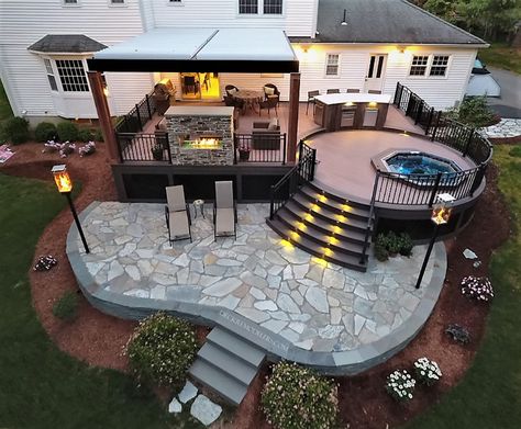 Platform Deck With Gazebo, Carefree Landscaping Ideas, Backyard Patios And Decks, Deck Off Back Of House Farmhouse, Patio Off Of Deck Ideas, Deck Patio Combo Ideas, Deck To Patio Transition, Deck Off Back Of House, Multi Level Deck Ideas