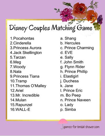 Free Printable Match the Disney Couple Game Disney Themed Bridal Shower, Disney Love Songs, Couple Game, Disney Couple, Disney Bridal Showers, Fun Bridal Shower Games, Couples Bridal Shower, Couple Wedding Shower, Bridal Games