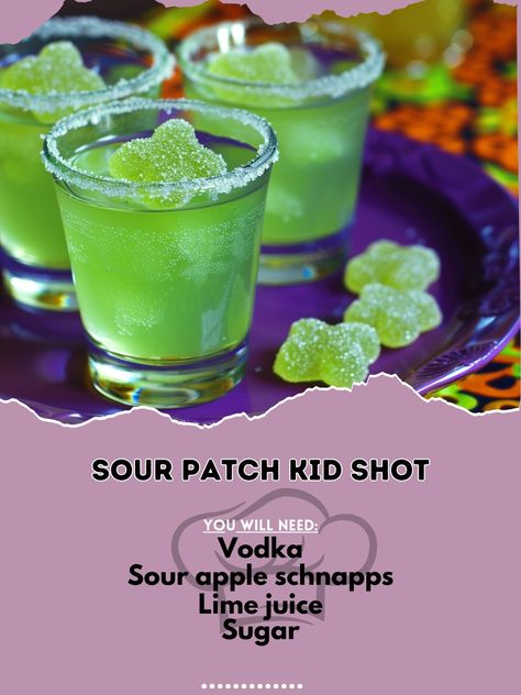 🍭 Enjoy the tangy taste of a Sour Patch Kid Shot! 🍋✨ #SourPatchShot #TangyTreat Sour Patch Kid Shot Ingredients: Vodka (1 oz) Sour apple schnapps (1/2 oz) Lime juice (1/2 oz) Sugar (for rimming) Sour Patch Kids candy (for garnish) Instructions: Rim the shot glass with sugar. In a shaker, combine vodka, sour apple schnapps, and lime juice with ice. Shake well. Strain into the prepared shot glass. Garnish with a Sour Patch Kid candy. 🌟 A fun and tangy shot that will delight your taste buds!... Apple Drinks Alcohol, Autumn Beverages, Drink Shots, Apple Shots, Vodka Sour, Apple Schnapps, Apple Vodka, Halloween Shots, Glass Garnish