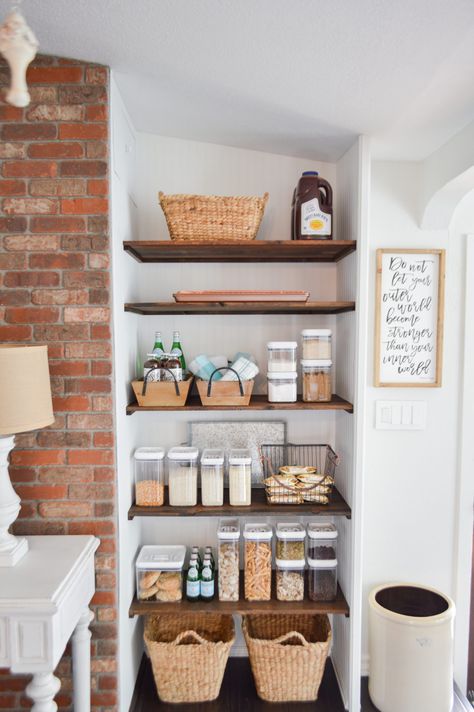 DIY Open Pantry Makeover + Organizing and Storage Ideas - Cottage kitchen with open shelves - #sponsored #bhg #pantry #openpantry #pantryideas #organizedpantry #pantrystorage Open Pantry Ideas, Organiser Cucina, Open Pantry, Before After Kitchen, Small Cottage Kitchen, Desain Pantry, Kitchen Diy Makeover, Pantry Makeover, Diy Kitchen Renovation