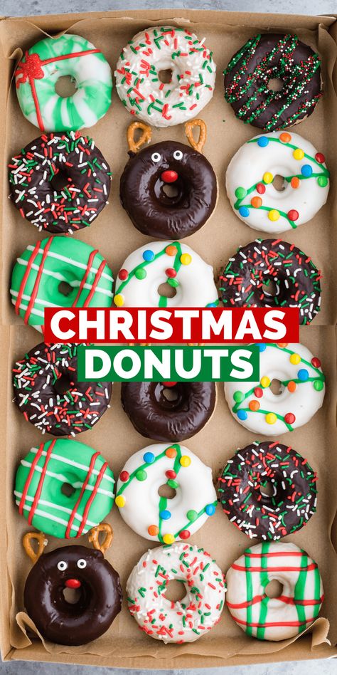 Celebrate the holiday season with Christmas donuts! This fun baked donut recipe has so many decoration options for Christmas breakfast! Holiday Brunch Ideas, Baked Donut Recipe, Holiday Donuts, Donut Decorating Ideas, Donut Baking Pan, Baked Donut, Christmas Sweet Treats, Christmas Donuts, Baked Donut Recipes