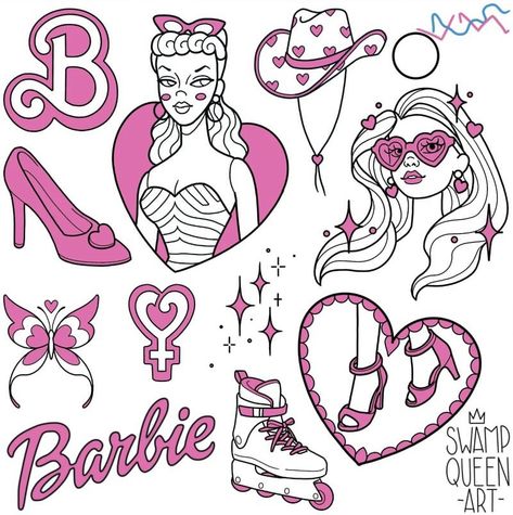 Barbie Flash Sheet, Barbie Flash Tattoo, Barbie Inspired Tattoos, Barbie Tattoo Ideas, Barbie Tattoo, Scene Tattoo, Traditional Tattoo Inspiration, Flash Designs, Journal 2024