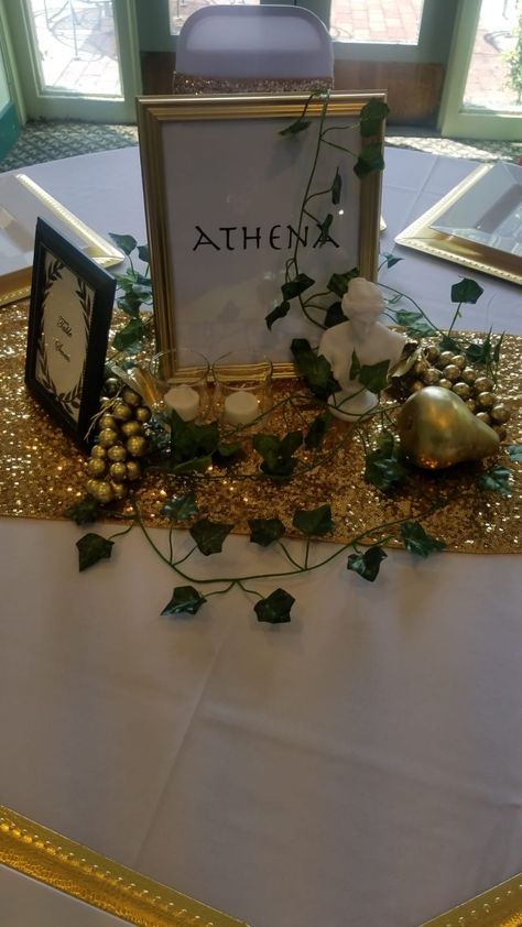 Greek Mythology Quinceanera, Greek God Prom Theme, Greek God Party Decorations, A Night In Athens Prom Theme, Greek Mythology Centerpieces, Greek Mythology Themed Wedding, Ancient Greece Prom Theme, Greek Centerpieces, Greek Party Theme Decoration