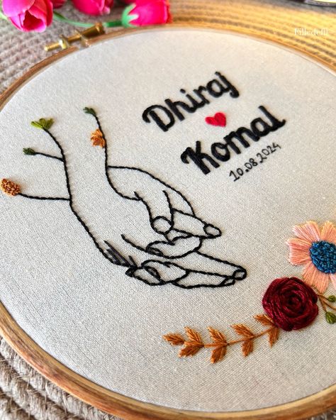 This very pretty Custom Hoop Art Embroidered for @komal_hemrajani 🫶 DM to Shop/CUSTOMISE ✅ Shipping all over India 📦 (Ring ceremony gift, embroidered gift, gifting, ring ceremony gift ideas, engagement gifts, handmade gifts, handmade embroidery, embroidered products, unique artwork, unique gifting, custom embroidery, Couple gift, couple gifting, handmade gifts , gifts for him, gifts for her) #embroidery #artwork #gifting #ringceremony #couplegifts #couplegift #enagement #engagementgift #f... Embroidery Hoop Designs, Embroidery Couple, Hoop Art Wall, Embroidered Products, Embroidery Artwork, Ring Ceremony, Rings Ceremony, Embroidered Gifts, Party Wear Indian Dresses