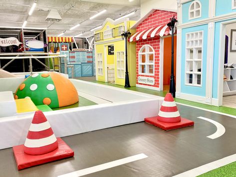 Pretend city Kids Playground Indoor Kids Playground, Baby Indoor Playground, Toddler Indoor Playground, Kids Jungle Gym, Pretend City, City Playground, Indoor Play Places, Indoor Playground Design, Playground Activities