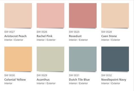 Colonial Revival Paint Colors, Colonial Colors Interior, Dutch Colonial Paint Colors, Modern Colonial Exterior Paint Colors, Ranch House Color Schemes, Regency Era Color Palette, Grandmillennial Color Palette, Georgian Colour Palette, Colonial Color Palette Interiors