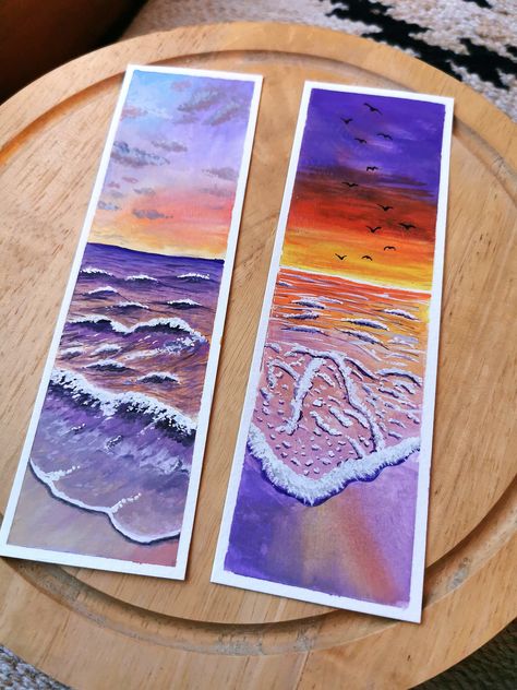 This listing is for 2 high quality art prints of a hand painted bookmarks I originally created with gouache paints. I print all my bookmarks on museum quality paper which with the right care should last a lifetime.  All artwork is painted by Kirsty Smith.  Bookmark measures approximately 18cm x 5.5cm. Watercolor Paintings Bookmarks, Hand Painted Bookmarks, Gouache Sunset, Gouache Bookmark, Narrow Art, Painted Bookmarks, Handmade Bookmarks Diy, Gouache Paints, Creative Bookmarks