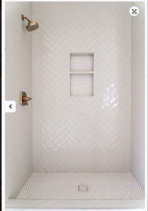 Master Shower Herringbone Tile, Cream Herringbone Tile Bathroom, French Bathroom Floor, Beige Herringbone Tile Bathroom, Beige Subway Tile Bathroom, Transitional Modern Bathroom, Accent Wall Shower Tile, Herringbone Subway Tile Bathroom, Bathroom Shower Tile Ideas 2024