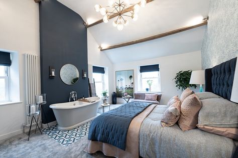 Open Plan Bedroom And Bathroom, Bedroom With A Bathroom, Bedroom With Bathtub, Side Return Kitchen Extensions, Open Plan Bathrooms, Metro White, Huge Bed, Beautiful Bathtubs, Open Bathroom