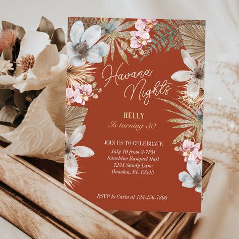 Havana Nights Tropical Cuban 30th Birthday for $2.92 - Birthday Invitations Cuban Wedding, Tropical Birthday Invitations, Havana Nights Party, 92nd Birthday, Cake Lettering, Havana Nights, Tropical Birthday, Botanical Elements, Pool Party Invitations