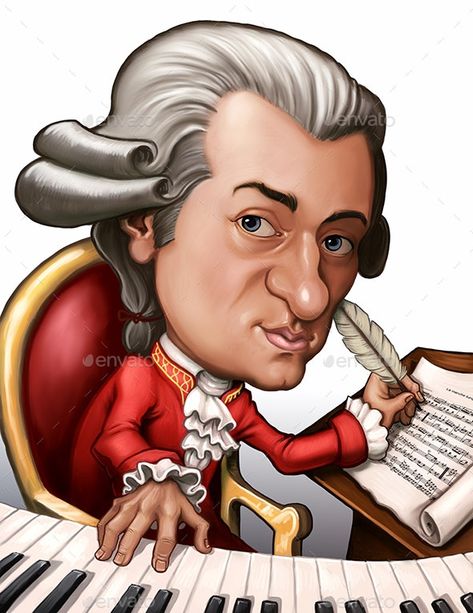 Unique Drawing Styles, Book Nook Kids, Piano Art, Musician Art, Wolfgang Amadeus Mozart, Caricature Sketch, Drawing Styles, Amadeus Mozart, Funny Caricatures