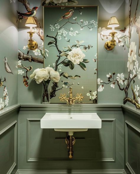 Whimsical Guest Bathroom, Room With Floral Wallpaper, Colorful Powder Room, Classic Powder Room, Recessed Niche, Bathrooms 2024, Elegant Powder Room, Beautiful Powder Rooms, Luxury Powder Room