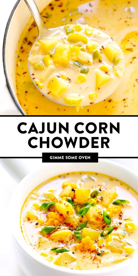 LOVE this zesty Cajun Corn Chowder recipe! It's lightened up with healthier ingredients, including lots of protein-packed lentils and creamy coconut milk, and it's the perfect dinner recipe for summer and fall. | Gimme Some Oven #corn #chowder #soup #vegan #glutenfree #vegetarian #healthy #dinner #cajun #recipe Vegan Cajun Recipes, Oven Corn, Cajun Corn, Summer Corn Chowder, Corn Chowder Recipe, Chowder Soup, Chowder Recipe, Soup Vegan, Perfect Dinner