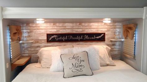 Farmhouse style RV bedroom headboard makeover by Michelle Sharp Headboard Makeover, Rv Bedroom, Camper Trailer Remodel, Diy Camper Remodel, Rv Makeover, Camper Makeover, Camper Living, Rv Decor, Rv Interior