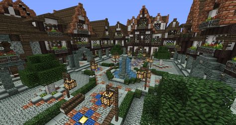 Minecraft Town Square, Medieval Town Square, Minecraft Mansions, Medieval Square, Minecraft Medieval Village, Blueprints Minecraft, Mind Craft, Minecraft Kingdom, Minecraft Town