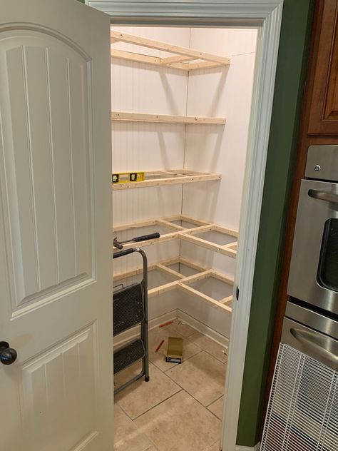 Pantry Closet Shelving Ideas Corner, Kitchen Pantry Different Color, Farmhouse Open Pantry Ideas, Kitchen Remodel With Corner Pantry, Small Pantry Measurements, Cheap Pantry Ideas, Before And After Pantry Makeover, Brick Wall Pantry, 4x4 Pantry Ideas