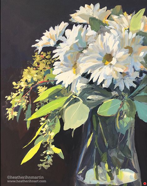 Heather Martin, Making Bouquets, Canvas Art Painting Acrylic, Floral Paintings Acrylic, Floral Watercolor Paintings, Gouache Art, Botanical Watercolor, White Daisy, Still Life Art