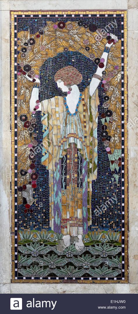 Woman holding a garland of corn, Art Nouveau mosaic at a bakery in the historic centre, Capo quarter, Palermo, Sicily, Italy Stock Photo Secession Art, Art Nouveau Jewelry Box, Classroom Visuals, Mosaic Walkway, Klimt Inspired, Thermal Baths, Byzantine Mosaic, Vienna Secession, Palermo Sicily